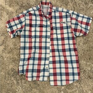Columbia Men's Casual Red and Blue Checkered Button Down Shirt - Men’s L